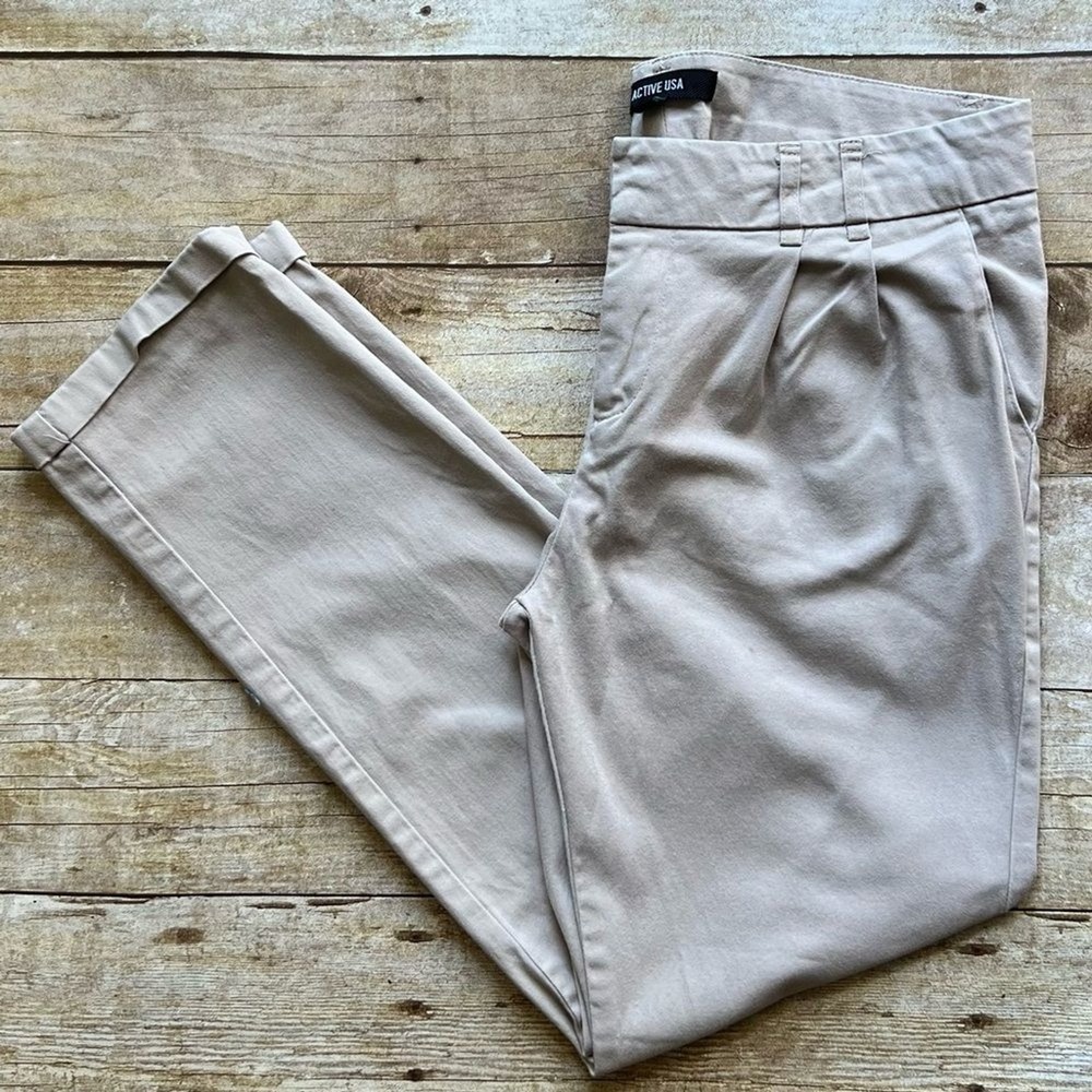 Active USA Womens Khaki Chino Pants Pleated Cuffed‎ Stretch Trousers P1467 Tan S